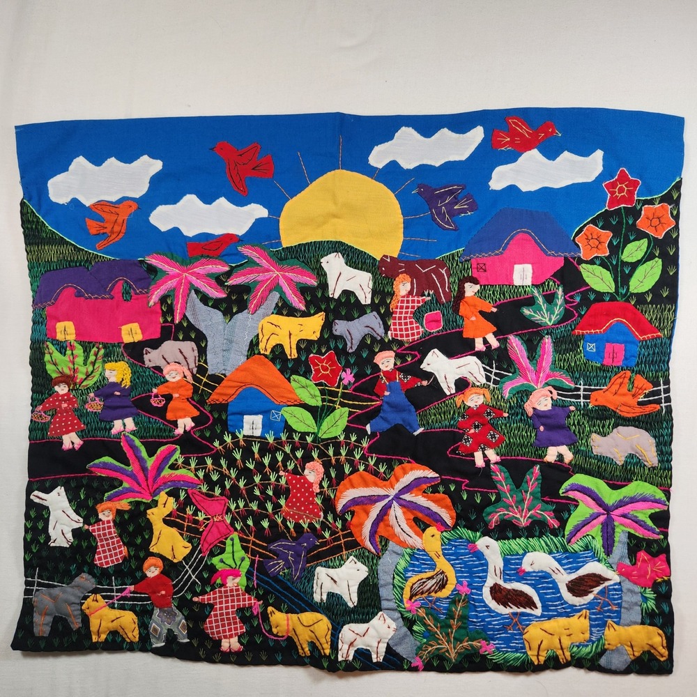 Vintage Latin American Folk Art Mola Applique‎ Embroidery Village Scene Textile